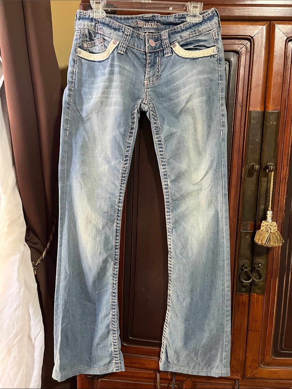 Sinful  Light Blue Bootcut Jeans  pink stitching off white leather trim  27